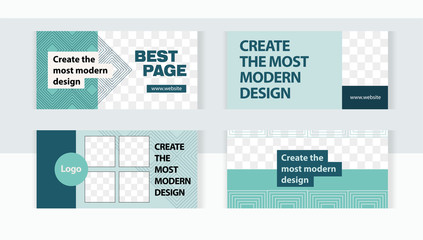 Modern aquamarine color with geometric lines. Background set horizontal banner templates with frame for images.