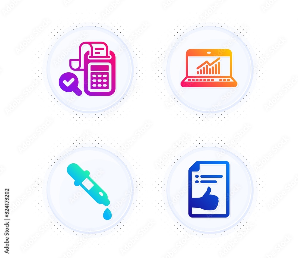 Poster online statistics, bill accounting and chemistry pipette icons simple set. button with halftone dots