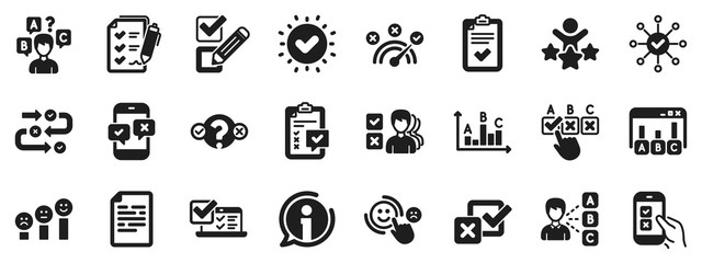 Opinion, Customer satisfaction feedback and Test icons. Survey, Report review icons. Checklist review, Quiz and Business report symbols. Evaluation quiz, Feedback chart, Management. Vector