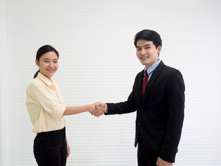 Company office businessmen handshake women manager partnership metting together discuss agreement neogotiation investment technology digital marketing communication professional successful