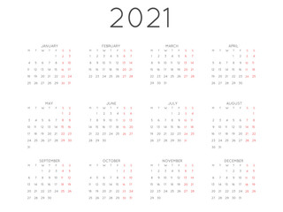 Calendar 2021 Year Simple Style Planner. Week Starts on Monday. Vector Illustration