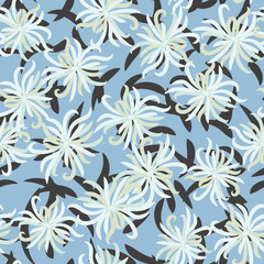 White chrysanthemum flowers seamless vector pattern on a blue background. Botanical seamless vector pattern.