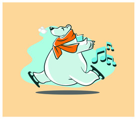Cute animated polar bear in ice skating character illustration