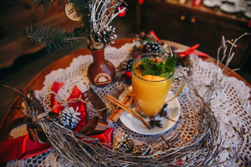 Sea buckthorn tea. Hot tea on the table