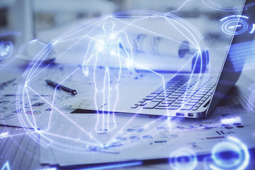 Desktop computer background and education theme drawing. Double exposure. Study concept.