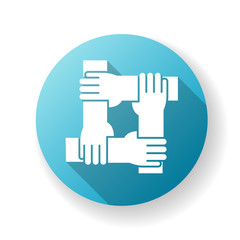 Obraz premium Loyalty blue flat design long shadow glyph icon. Social connection, collective bonding. Friendship, unity, teamwork and faithfulness. People holding hands together Silhouette RGB color illustration