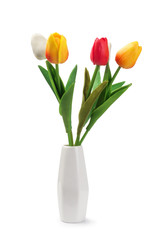 colorful tulip plastic flower in the white ceramic vase isolated on white background with clipping path