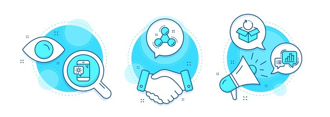 Return package, Weather phone and Graph chart line icons set. Handshake deal, research and promotion complex icons. Chemistry molecule sign. Exchange goods, Travel device, Growth report. Vector