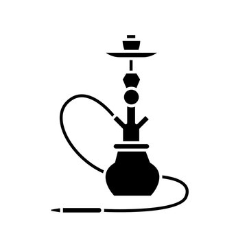 Hookah black glyph icon. Sheesha house. Hooka accessories shop. Nargile lounge. Odor from pipe. Scent of vaporizing. Smoking area. Silhouette symbol on white space. Vector isolated illustration