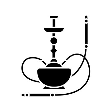 Hookah black glyph icon. Sheesha house. Nargile lounge. Odor from pipe. Scent of vaporizing. Smoking area. Round bowl base. Silhouette symbol on white space. Vector isolated illustration