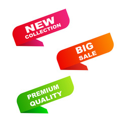 Vector Illustration Colorful Label New Collection, Big Sale And Premium Quality. Web Banner Element.