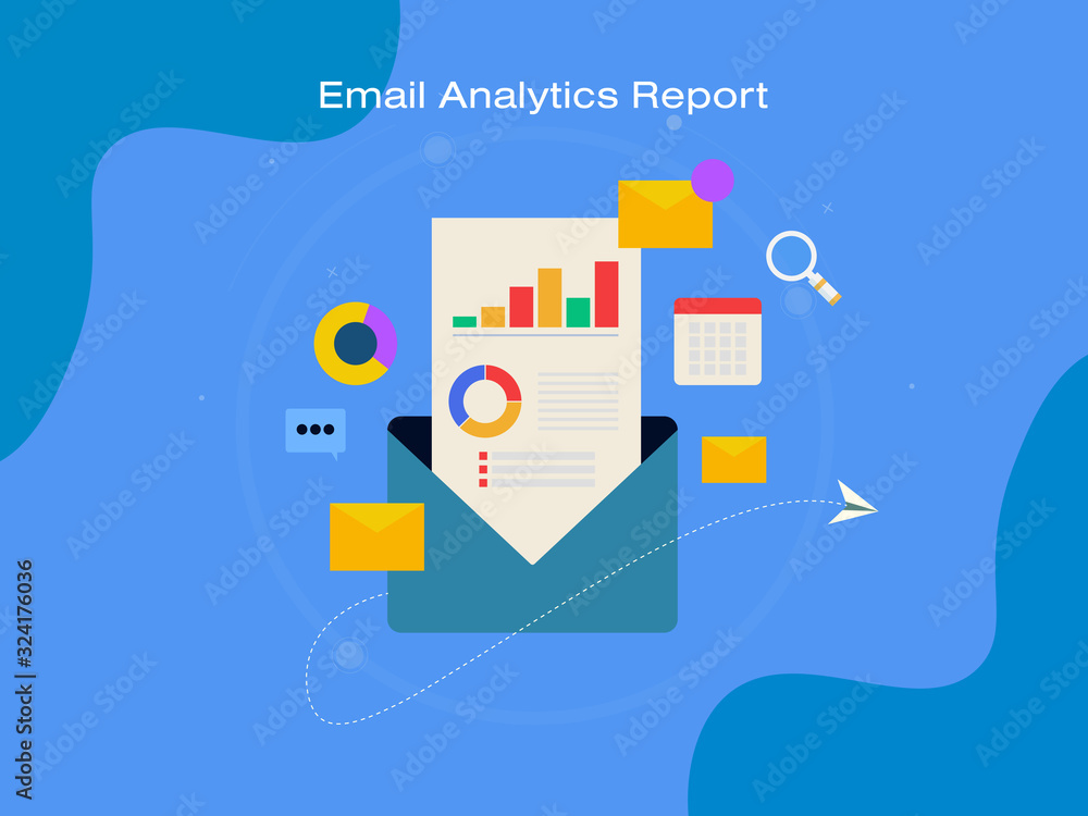 Poster business analytics report in an envelope, email marketing and data analysis report, email campaign m
