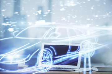 Desktop computer background in office with automobile hologram drawing. Multi exposure. Tech concept.