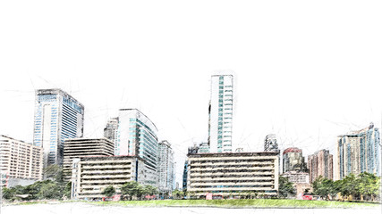 Fototapeta premium Skatch construction with a pencil. Pencil drawing of a tall building.