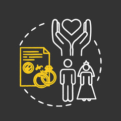 Prenuptial agreement chalk RGB color concept icon. Partner commitment. Contract for married couple. Notary service idea. Vector isolated chalkboard illustration on black background