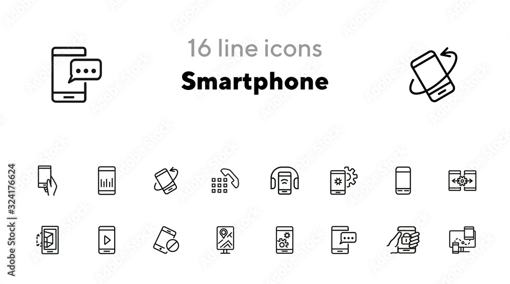 Poster smartphone line icon set. settings, navigation, multimedia content. mobile technology concept. can b