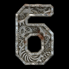 Mechanical alphabet made from rivet metal with gears on black background. Number 6. 3D
