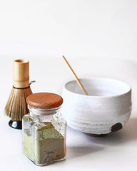 Matchtea tea preparations. Cooking matchtea. White background