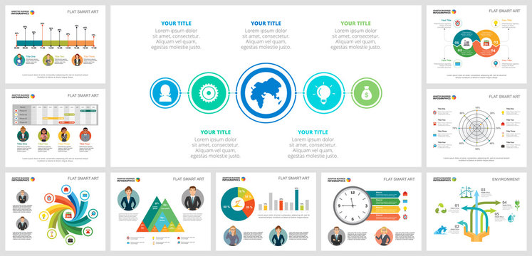 Colorful analysis and ecology concept infographic charts set. Business design elements for presentation slide templates. For corporate report, advertising, leaflet layout and poster design.