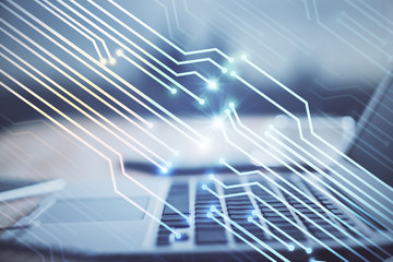 Technology theme drawing and table with computer. Double exposure. Concept of information.