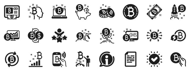 Fototapeta premium Set of Blockchain, Crypto ICO start up and Bitcoin icons. Cryptocurrency icons. Mining, Cryptocurrency exchange, gold pickaxe. Bitcoin ATM, crypto coins, financial ico markets, blockchain. Vector