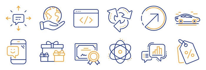 Set of Business icons, such as Direction, Recycle. Certificate, save planet. Sms, Seo script, Smile. Car, Atom, Graph chart. Surprise boxes, Discount tags line icons. Vector