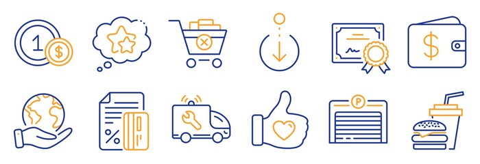 Set of Business icons, such as Like hand, Ranking stars. Certificate, save planet. Hamburger, Dollar wallet, Credit card. Scroll down, Parking garage, Usd coins. Vector