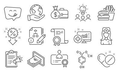 Set of Business icons, such as Medical pills, Burger. Diploma, ideas, save planet. Algorithm, Discount, Megaphone checklist. Medical analytics, Cash, Yummy smile. Vector