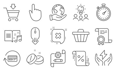 Set of Business icons, such as Music book, Loan percent. Diploma, ideas, save planet. Hand click, Scroll down, Refund commission. Online market, Timer, Safe energy. Vector