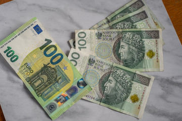 mix of zloty polish currency cash bank notes exchange rates against euro money