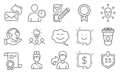 Set of Business icons, such as Smile, Face biometrics. Diploma, ideas, save planet. Doctor, Payment message, Share. Time management, Ph neutral, Takeaway coffee. Reward, Checkbox, Smile chat. Vector