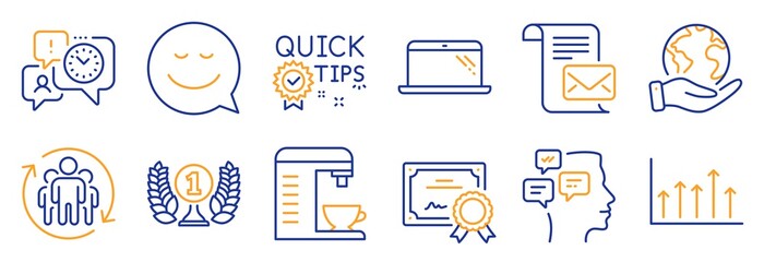 Set of Business icons, such as Time management, Growth chart. Certificate, save planet. Quick tips, Messages, Smile. Teamwork, Mail letter, Laureate award. Laptop, Coffee machine line icons. Vector