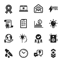 Set of Education icons, such as Shoulder strap, Checklist. Certificate, approved group, save planet. Web mail, Idea, Speakers. Time, Light bulb, Report timer. Vector