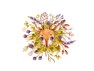 Watercolor wild portrait Deer. Cute Forest animal. Watercolour deer, flowers. Rustic illustration on white backdrop. Abstract background. Invitation background Woodland Floral illustration Baby shower