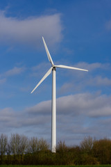 Windrad auf einer Wiese im Vordergrund B&auml;ume