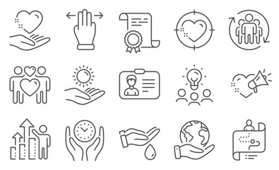 Set of People icons, such as Multitasking gesture, Heart target. Diploma, ideas, save planet. Identification card, Sun protection, Love couple. Wash hands, Safe time, Journey path. Vector
