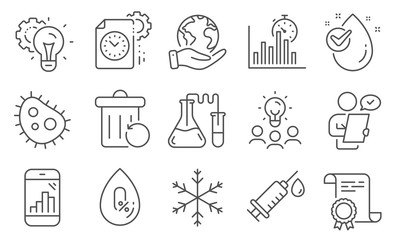 Set of Science icons, such as No alcohol, Snowflake. Diploma, ideas, save planet. Water drop, Graph phone, Recovery trash. Project deadline, Chemistry lab, Idea gear. Vector