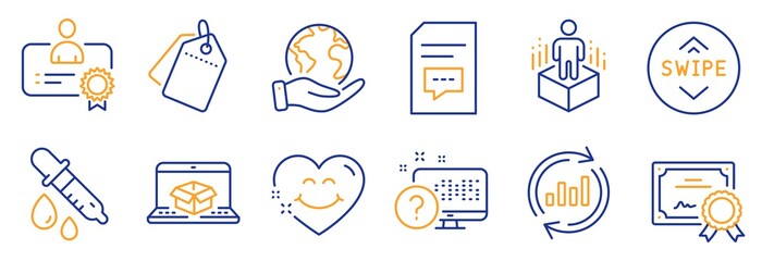 Set of Technology icons, such as Online delivery, Online quiz. Certificate, save planet. Certificate, Sale tags, Update data. Chemistry pipette, Smile face, Swipe up. Vector