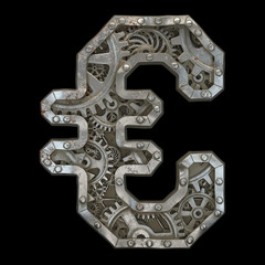 Mechanical alphabet made from rivet metal with gears on black background. Symbol euro. 3D