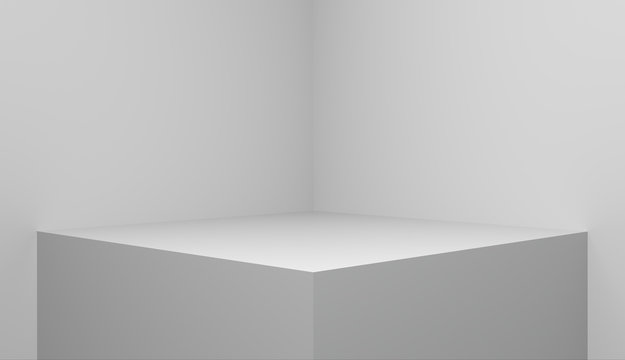 3D rendering of white background with squares for empty pedestal, blank stand for product and display on white minimal background