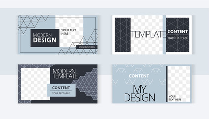 Elegant geometric patterns.  Background set horizontal banner templates with frame for images. Stylish design in blue colors.