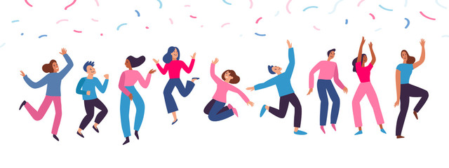 Vector illustration in flat simple style - happy jumping team - smiling men and women dancing
