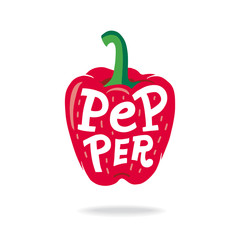 Vegetable Bell pepper Lettering. Hand drawn vector flat cartoon illustration on isolated white background. Great vegetable vector for sauce salad, ketchup. Healthy food, vegetarian.