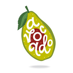 Vegetable Avocado Lettering. Hand drawn vector flat cartoon illustration on isolated white background. Great vegetable clipart for guacamole, salad. Healthy food, vegetarian.