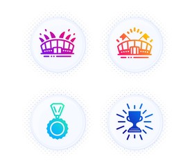 Sports arena, Medal and Arena stadium icons simple set. Button with halftone dots. Trophy sign. Event stadium, Winner, Sport complex. Winner cup. Sports set. Gradient flat sports arena icon. Vector