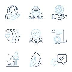 Stats, Water drop and Approve line icons set. Diploma certificate, save planet, group of people. Friends couple, Safe planet and Ship signs. Business analysis, Mint leaf, Accepted message. Vector © blankstock