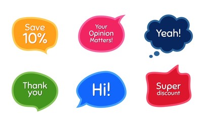 Super, 10% discount and opinion matters. Colorful chat bubbles. Thank you phrase. Sale shopping text. Chat messages with phrases. Texting thought bubbles. Vector