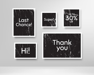 Super, 30% discount and last chance. Black photo frames with scratches. Thank you phrase. Sale shopping text. Grunge photo frames. Images on wall, retro memory album. Realistic photograph card. Vector