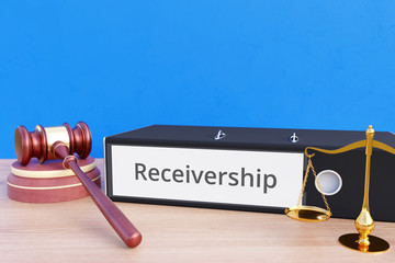 Receivership – File Folder with labeling, gavel and libra – law, judgement, lawyer - obrazy, fototapety, plakaty