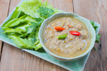 Pickled fish and chili dip with boiled vegetables.